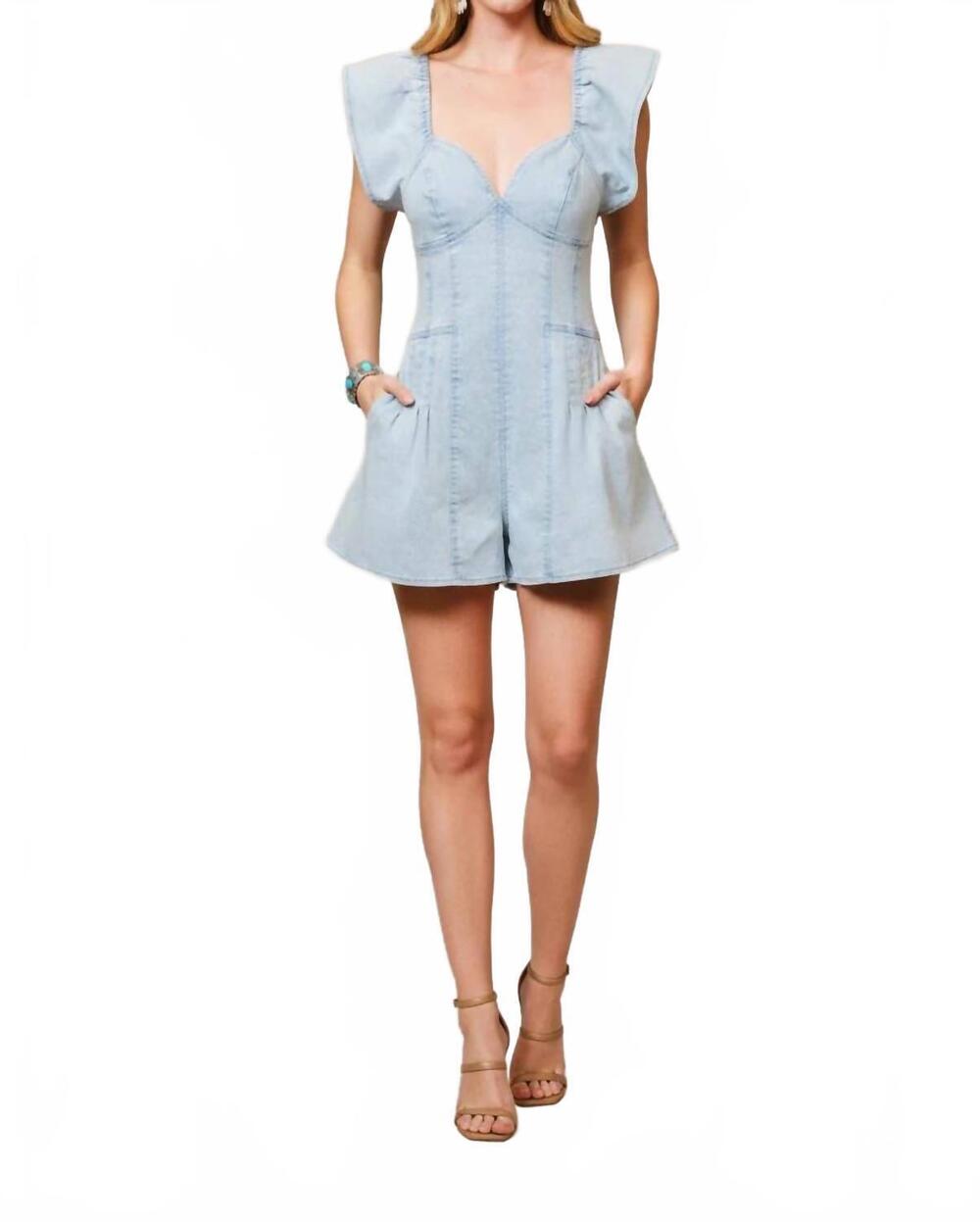 NEW BLUE B sweetheart ruffle sleeve denim romper in light wash